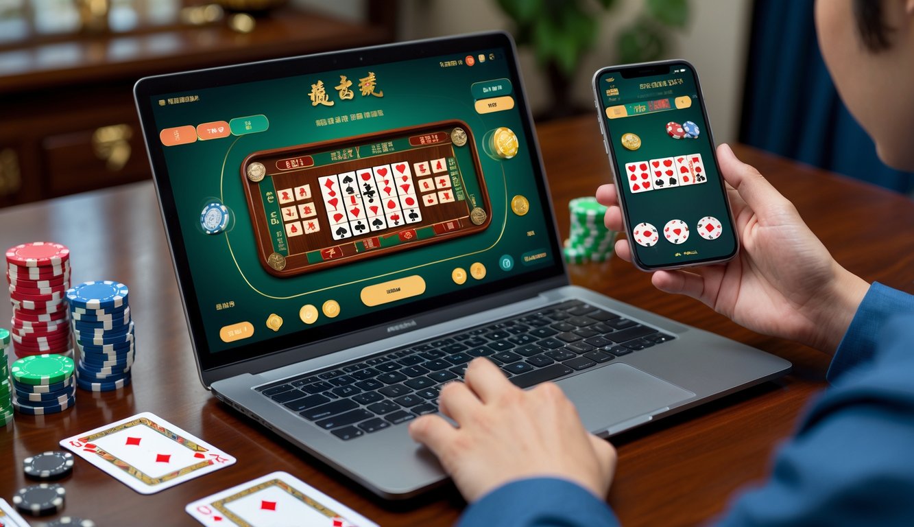 Seseorang bermain permainan Fan Tan secara online menggunakan laptop dan smartphone di meja kayu dengan chip kasino di sekitarnya.