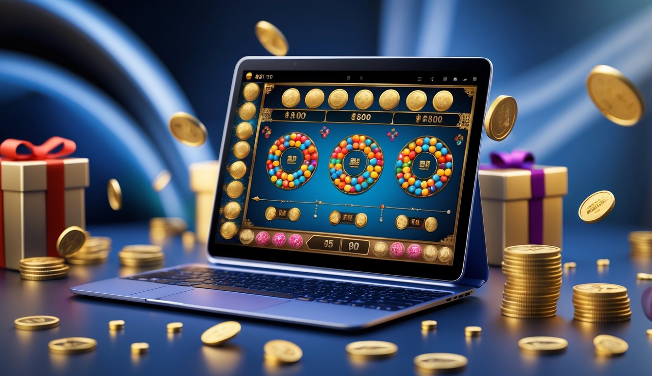 Seorang pemain menggunakan laptop dengan permainan Fan Tan online yang menampilkan koin emas dan hadiah di sekitar perangkat.