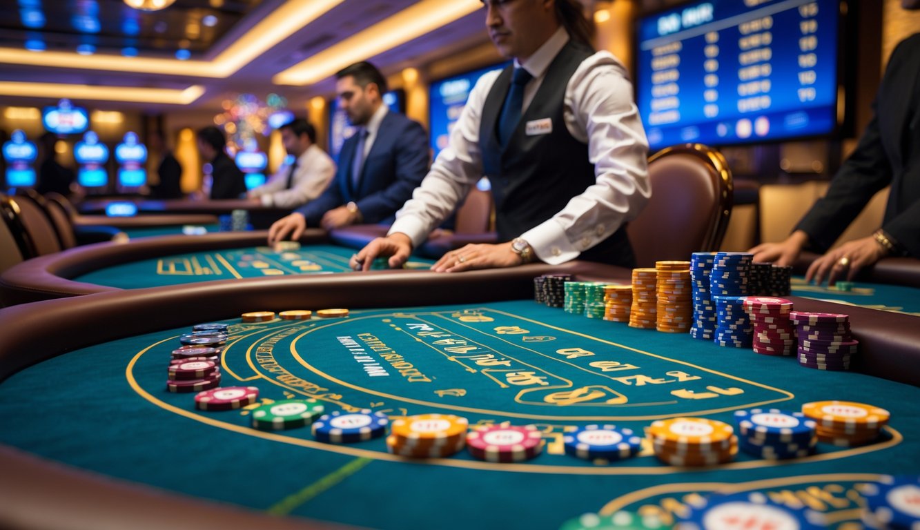 Meja kasino dengan permainan Fan Tan, dealer dan pemain yang sedang bermain di lingkungan kasino yang terang dan ramai.