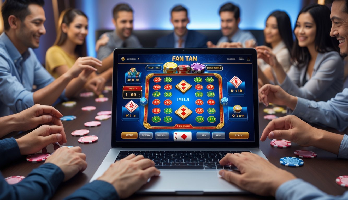 Beberapa orang bermain permainan Fan Tan kasino online di depan layar komputer dengan suasana ruangan yang terang dan dekorasi kasino.