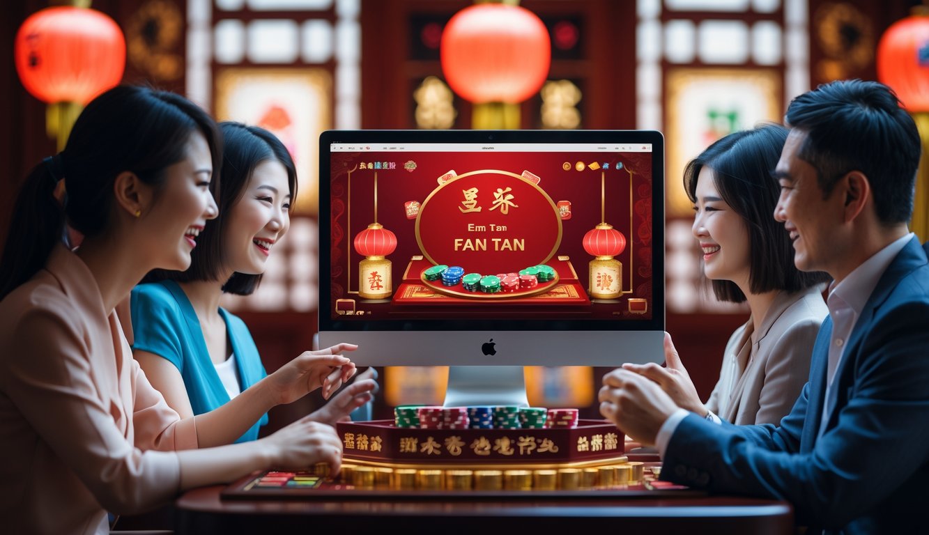 Beberapa pemain Asia yang antusias bermain permainan Fan Tan online di depan layar komputer dengan latar belakang dekorasi kasino.