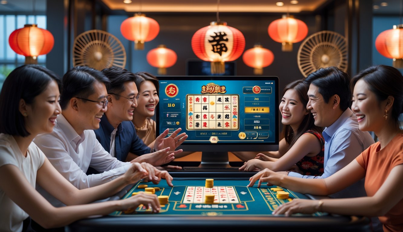 Sekelompok pemain Asia sedang bermain permainan Fan Tan secara online menggunakan komputer dan ponsel di sebuah ruangan modern dengan dekorasi bertema Asia.