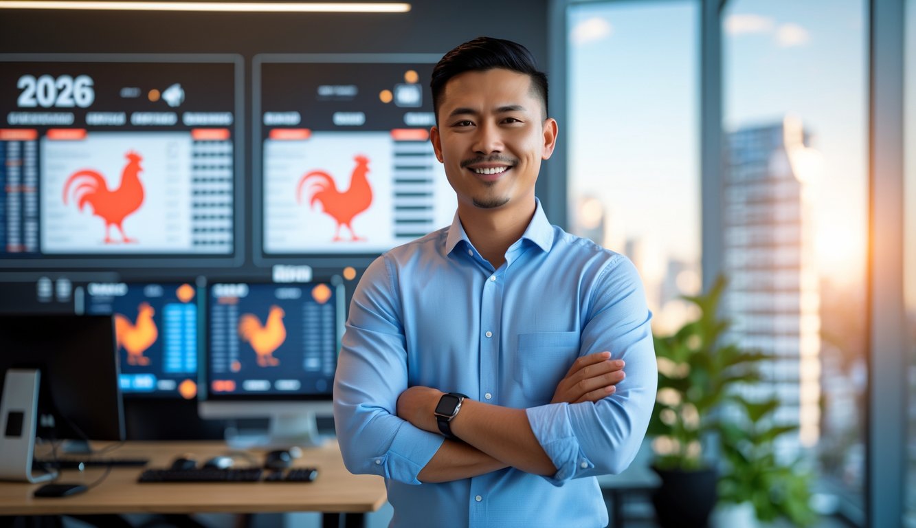 Seorang pria Indonesia berdiri di kantor modern dengan latar belakang layar komputer dan pemandangan kota.