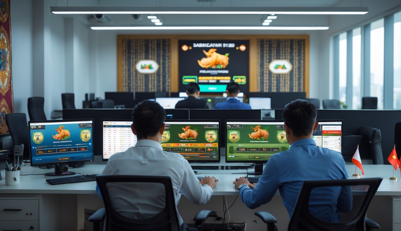 Suasana kantor modern dengan beberapa orang bekerja di komputer yang menampilkan permainan sabung ayam digital, dengan dekorasi batik dan bendera Indonesia kecil di meja.