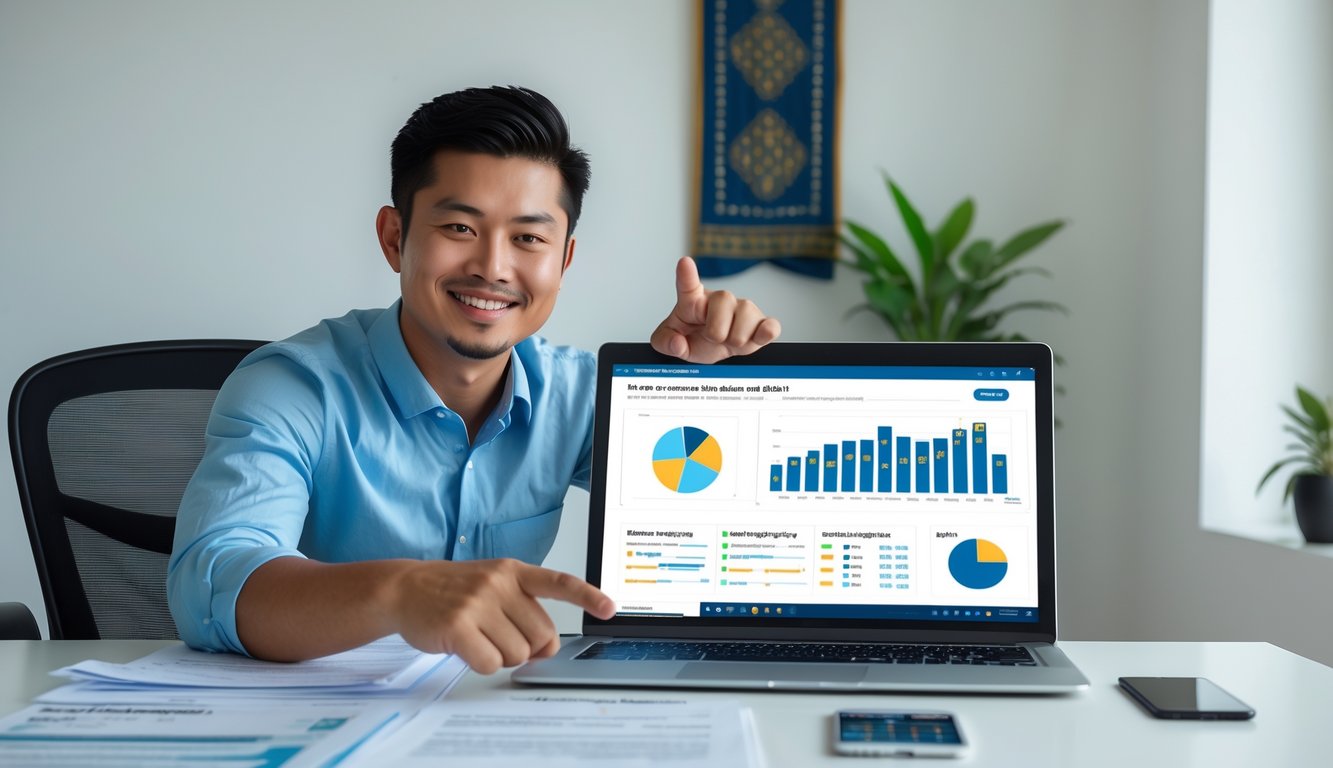 Seorang pria muda duduk di meja kerja dengan laptop dan dokumen, tersenyum dan menunjuk layar laptop di kantor yang terang dan rapi.