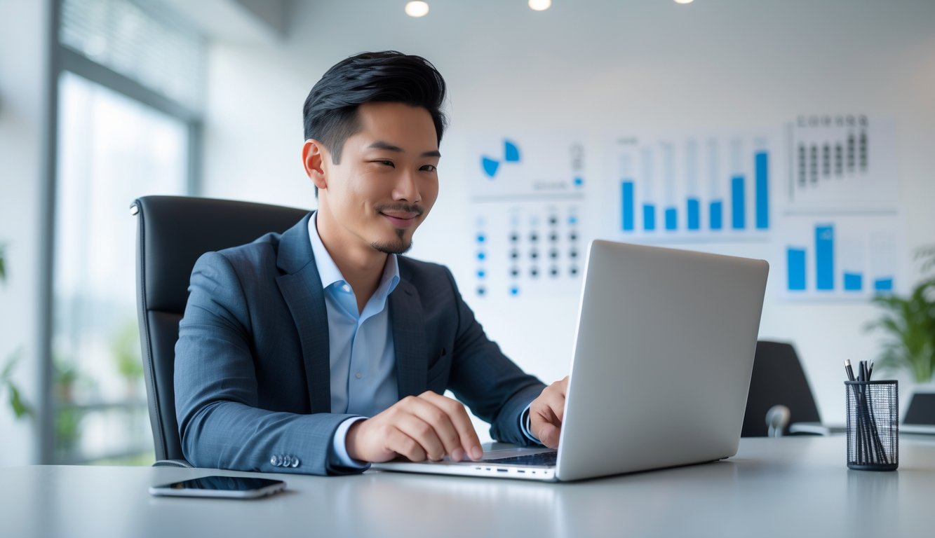 Seorang pria Asia Tenggara yang mengenakan pakaian rapi duduk di meja kantor modern sambil menggunakan laptop dan ponsel, terlihat fokus dan percaya diri.