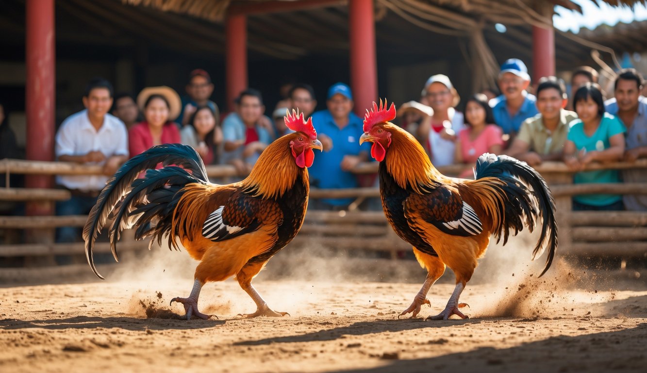 Adegan arena sabung ayam dengan dua ayam jago sedang bertarung dan penonton yang antusias menyaksikan.