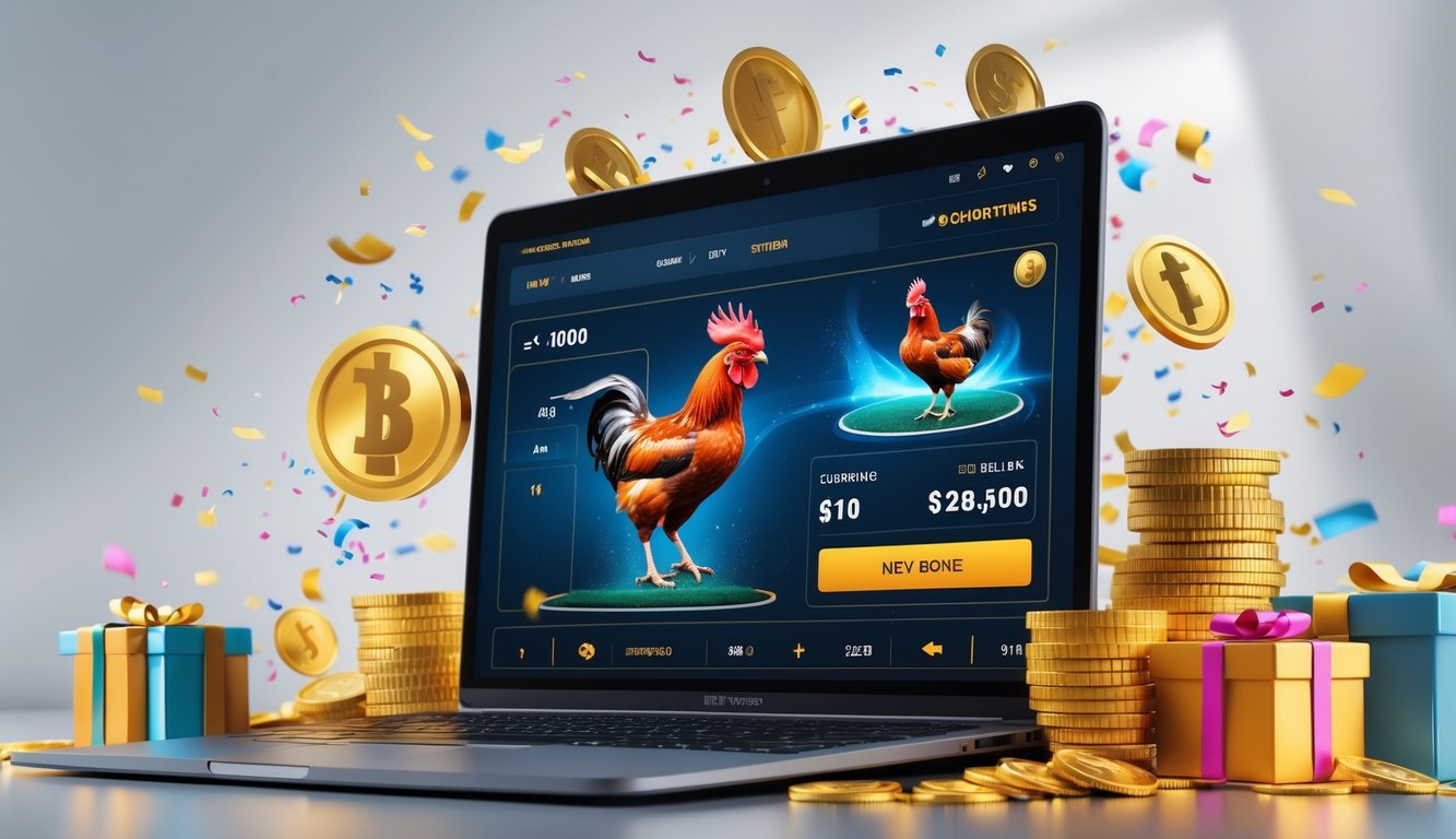 Seorang pengguna komputer sedang melihat layar dengan tampilan platform taruhan sabung ayam digital, dikelilingi oleh simbol hadiah dan koin emas.