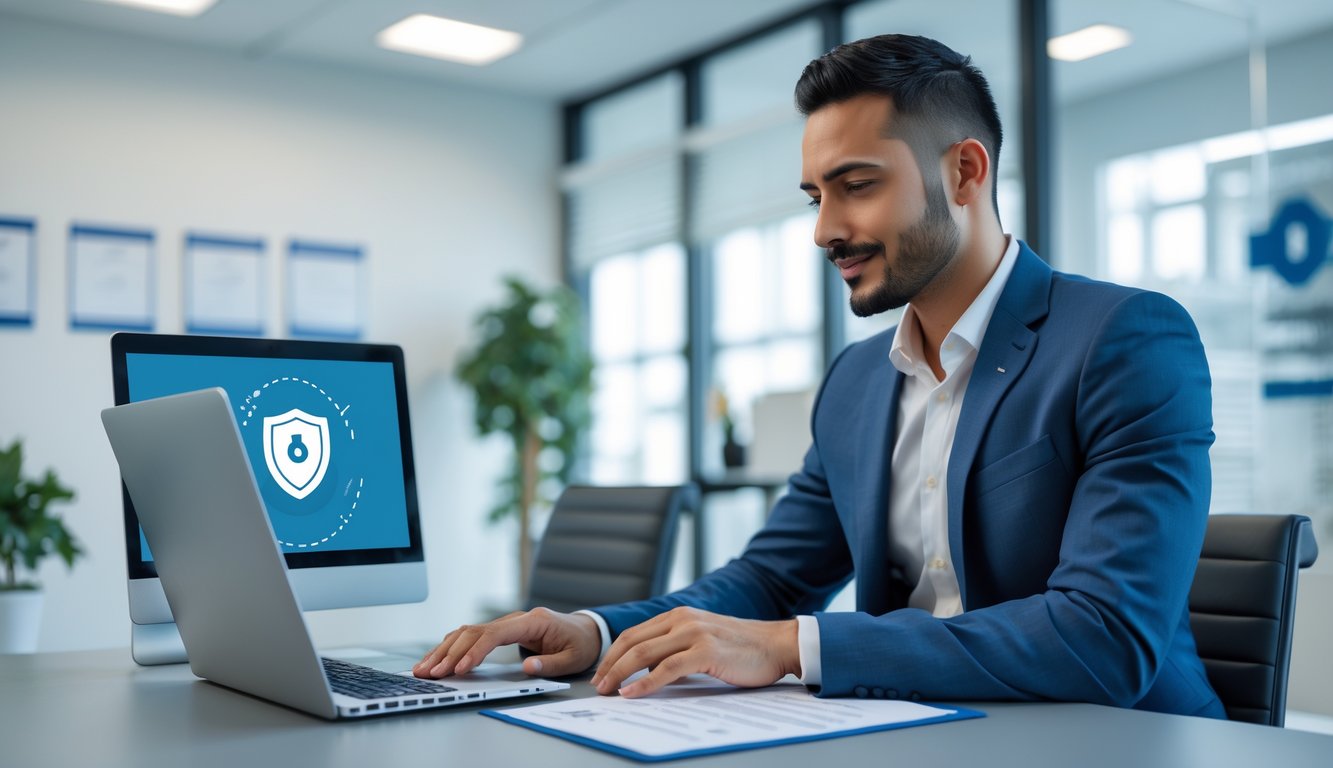 Seorang agen bisnis percaya diri sedang duduk di meja kantor modern dengan laptop dan dokumen, menunjukkan suasana kerja yang aman dan terpercaya.