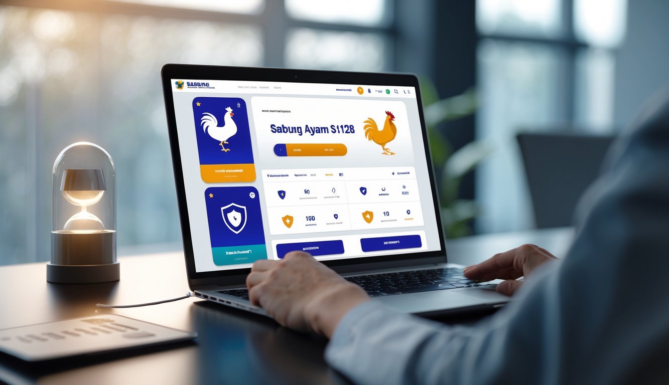 Sebuah ruang kerja modern dengan laptop yang menampilkan antarmuka taruhan online sabung ayam, menunjukkan suasana aman dan terpercaya.