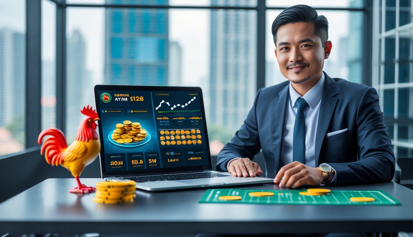 Seorang pria bisnis Indonesia duduk di meja modern dengan laptop, di latar belakang terdapat grafik pertumbuhan dan pemandangan kota Indonesia.