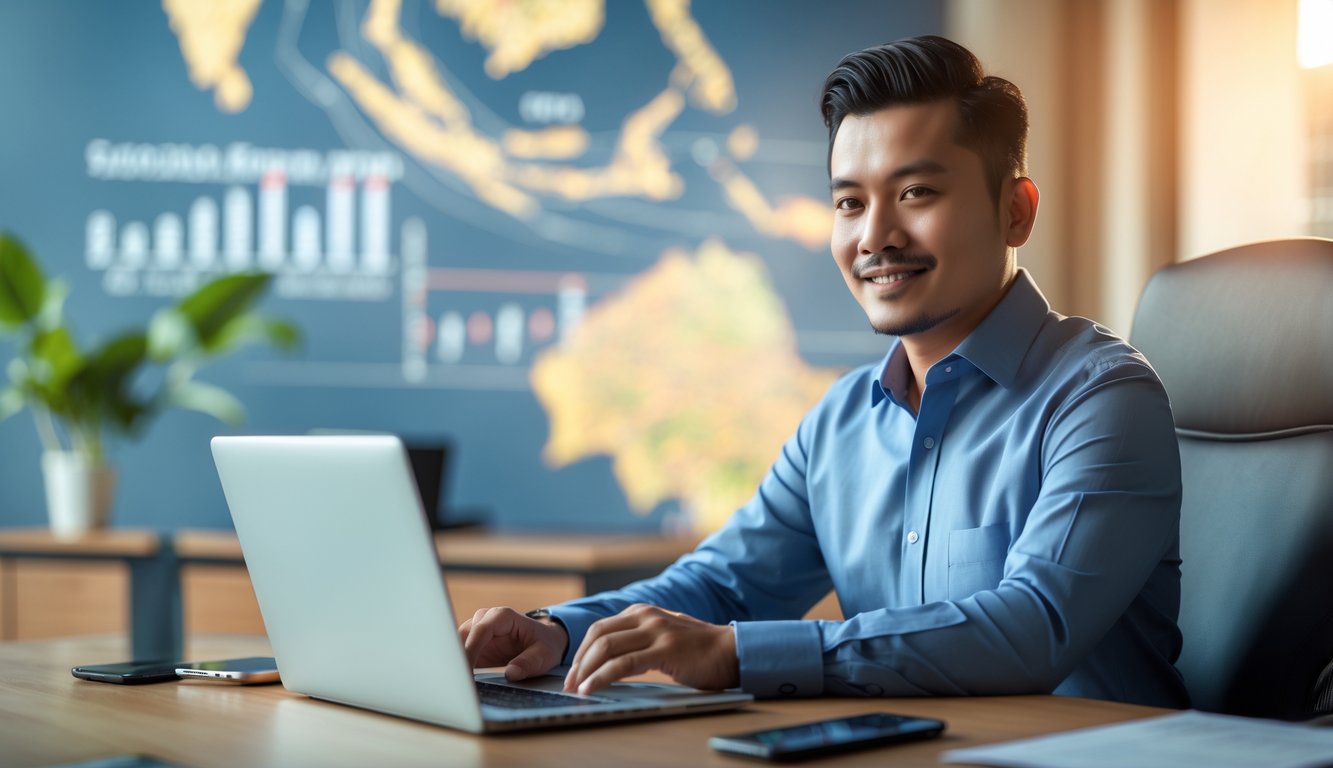 Seorang pria Indonesia duduk di kantor modern dengan laptop dan ponsel, menunjukkan aktivitas bisnis sebagai agen Sabung Ayam S128.