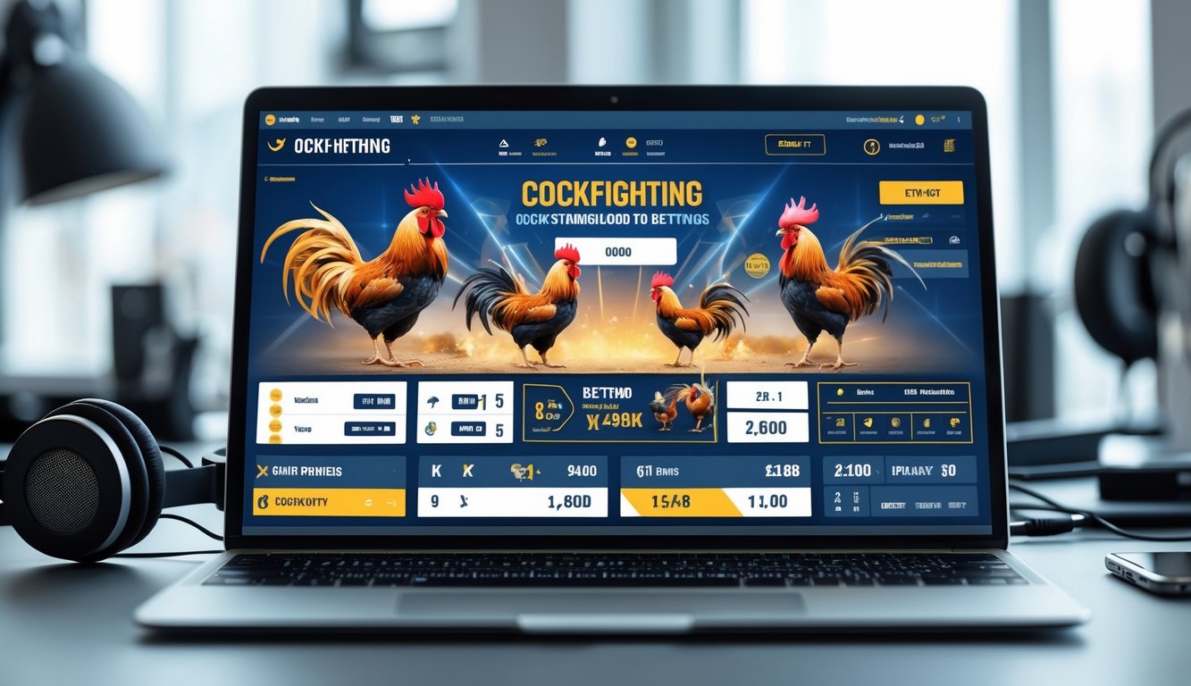 Seorang pengguna melihat layar laptop yang menampilkan platform taruhan adu ayam dengan gambar ayam jago dan informasi pertandingan.