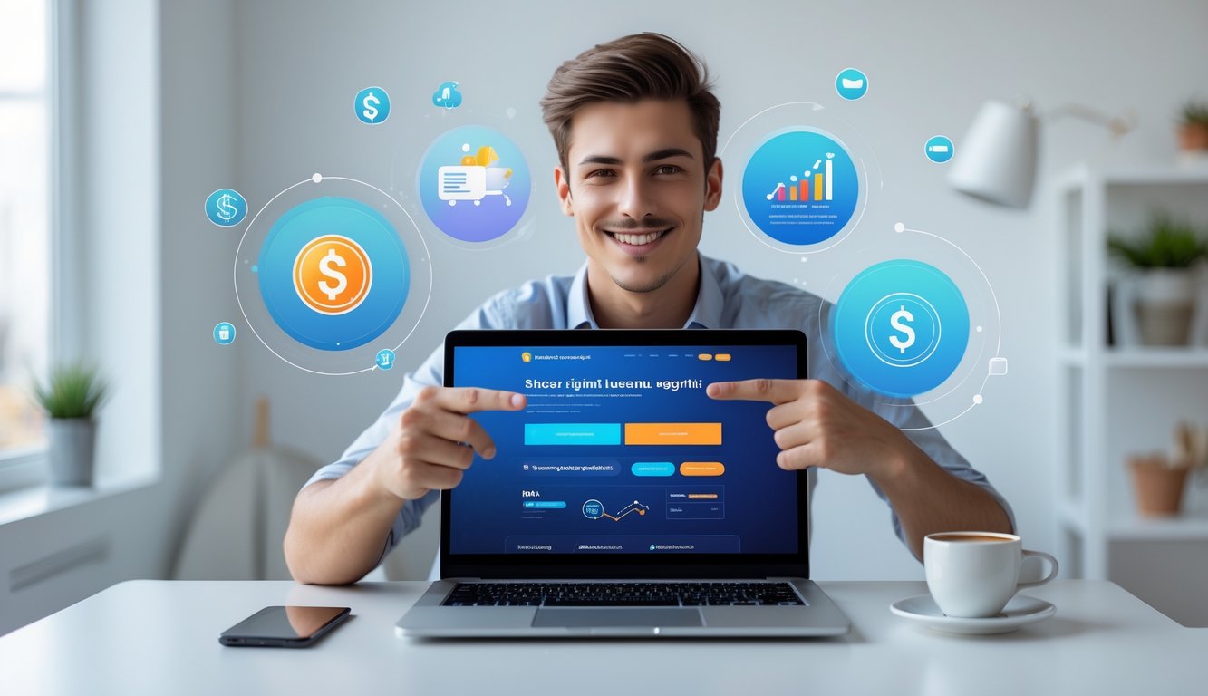 Seorang pria muda duduk di meja dengan laptop terbuka, tersenyum dan menunjuk layar, di ruangan kantor rumah yang terang dan rapi.