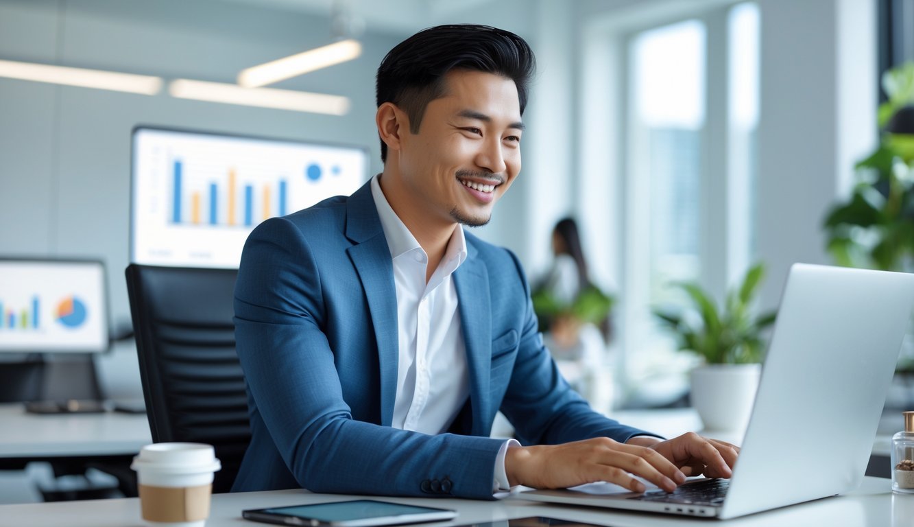 Seorang pria muda duduk di meja kantor dengan laptop terbuka, tersenyum dan terlihat fokus bekerja.