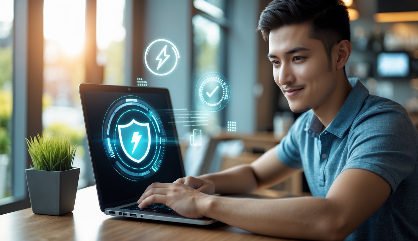 Seorang pria muda menggunakan laptop di ruang kerja modern, menunjukkan suasana transaksi online yang aman dan cepat.