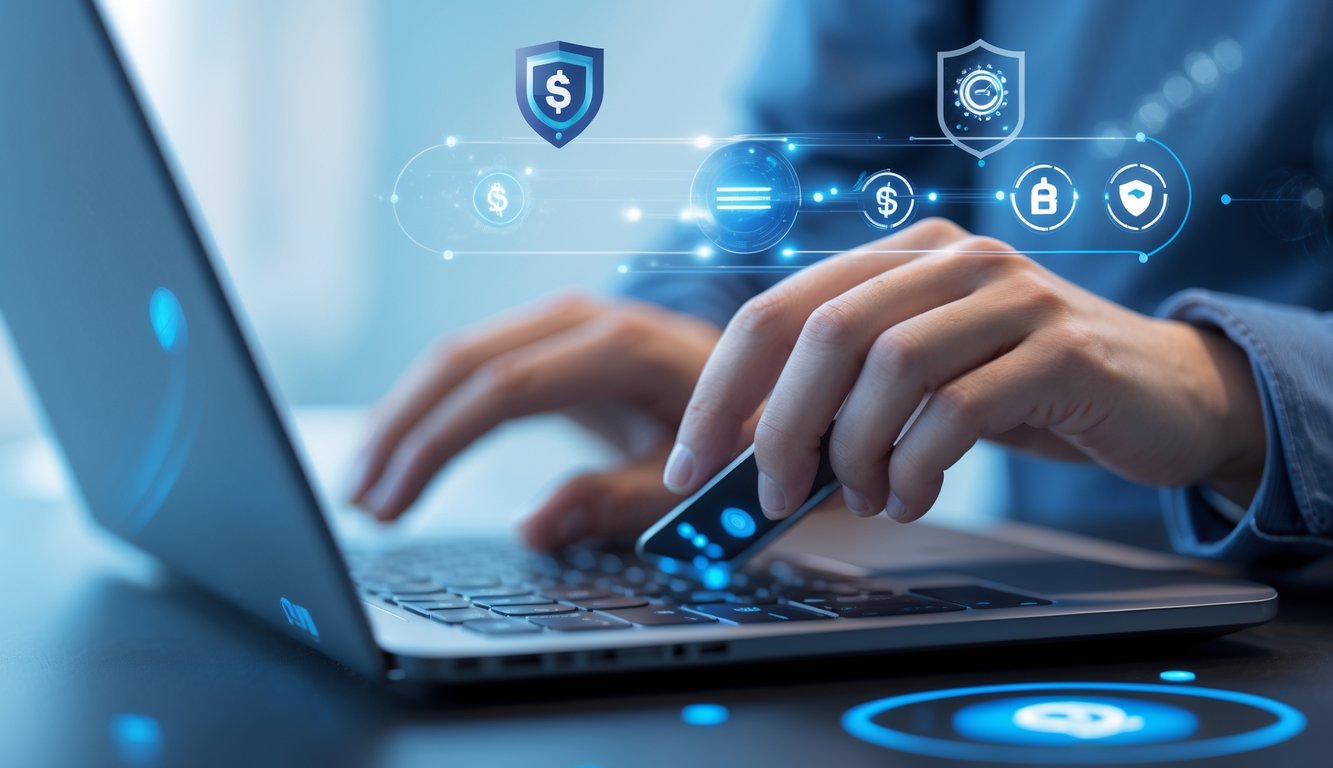 Tangan seseorang menggunakan ponsel untuk melakukan transaksi online yang aman dan cepat.