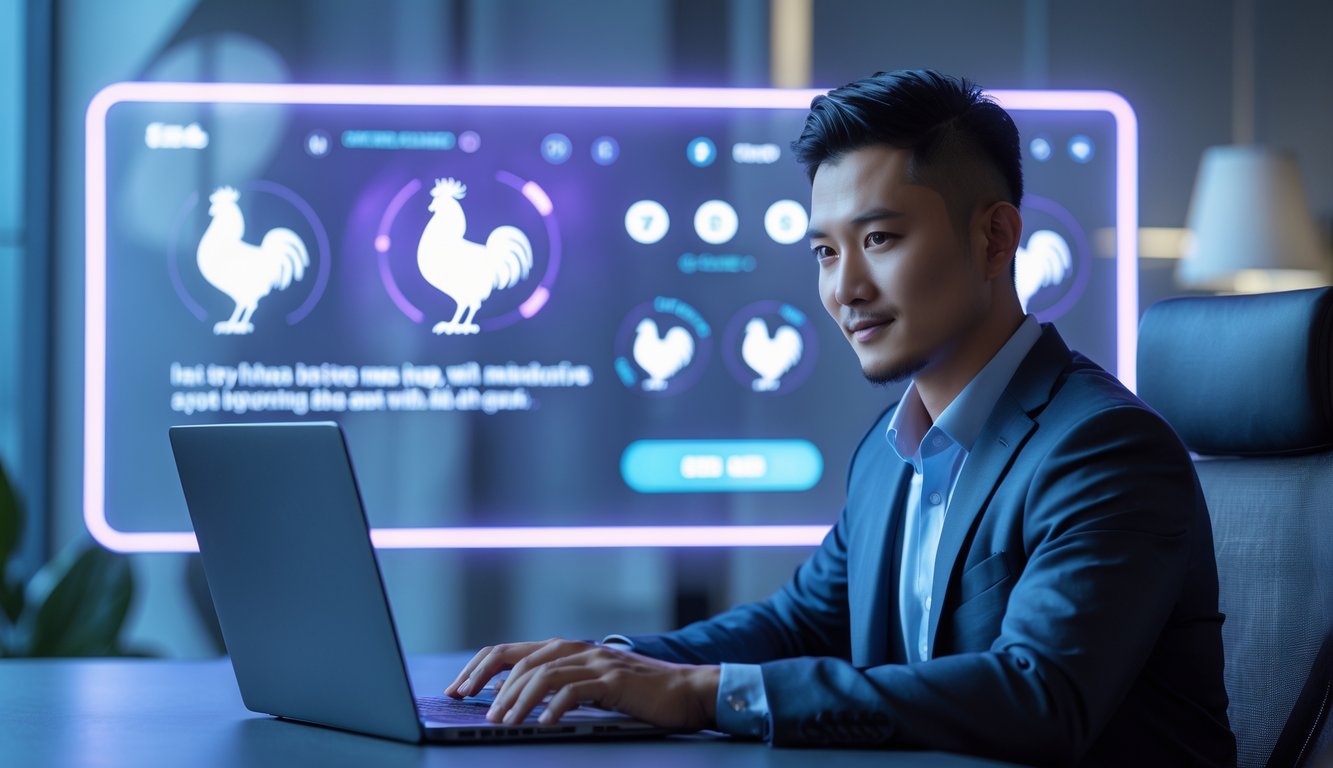 Seorang pria Asia Tenggara duduk di meja dengan laptop di kantor modern, tampak fokus dan percaya diri dengan latar belakang elemen digital bertema sabung ayam.