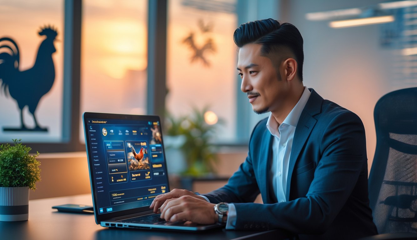 Seorang pria Asia Tenggara duduk di meja kantor modern sambil menggunakan laptop dengan latar belakang simbol ayam jago dan pola abstrak.