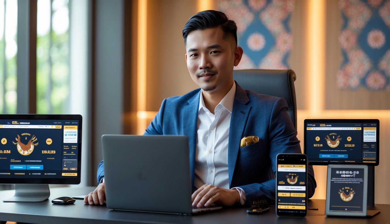 Seorang pria Indonesia duduk di meja dengan laptop dan ponsel, menunjukkan suasana kantor modern yang profesional dengan elemen budaya Indonesia.