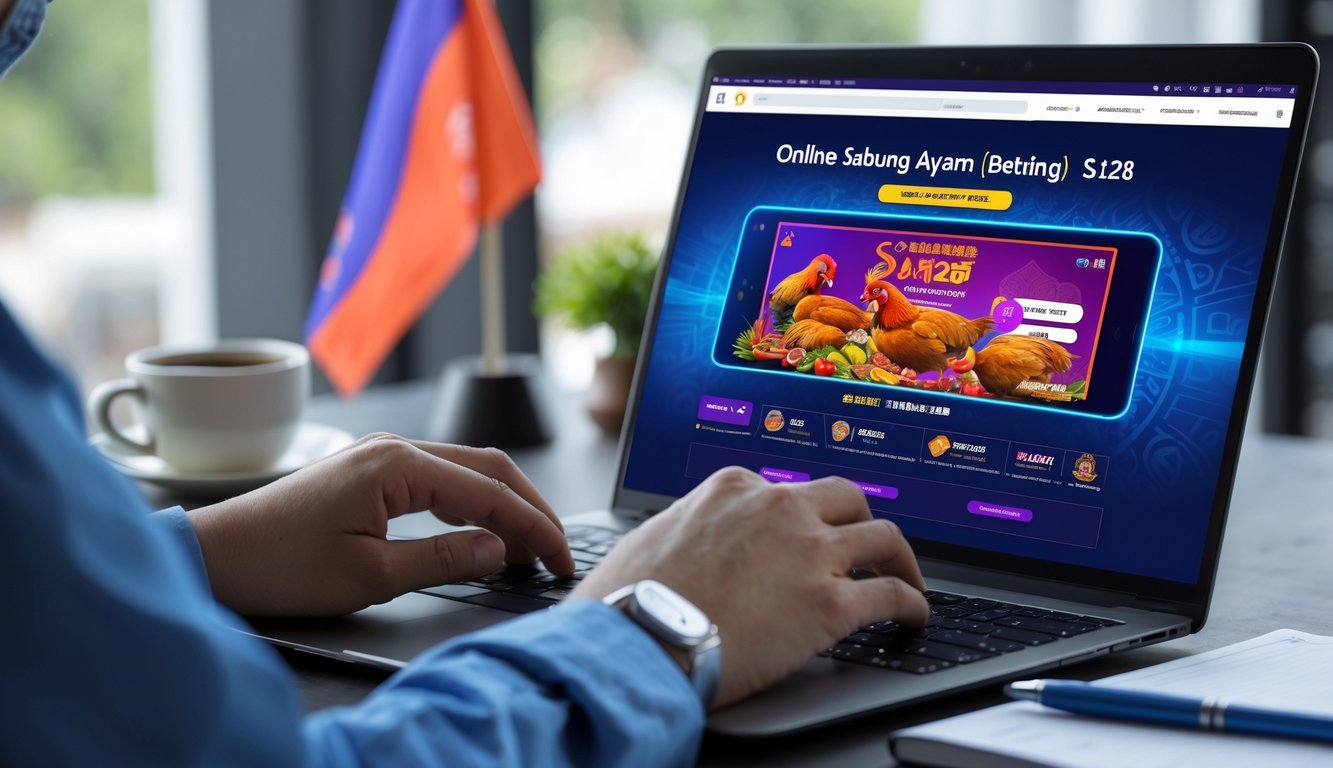 Seseorang menggunakan laptop atau ponsel yang menampilkan platform sabung ayam online dengan latar belakang elemen budaya Indonesia.