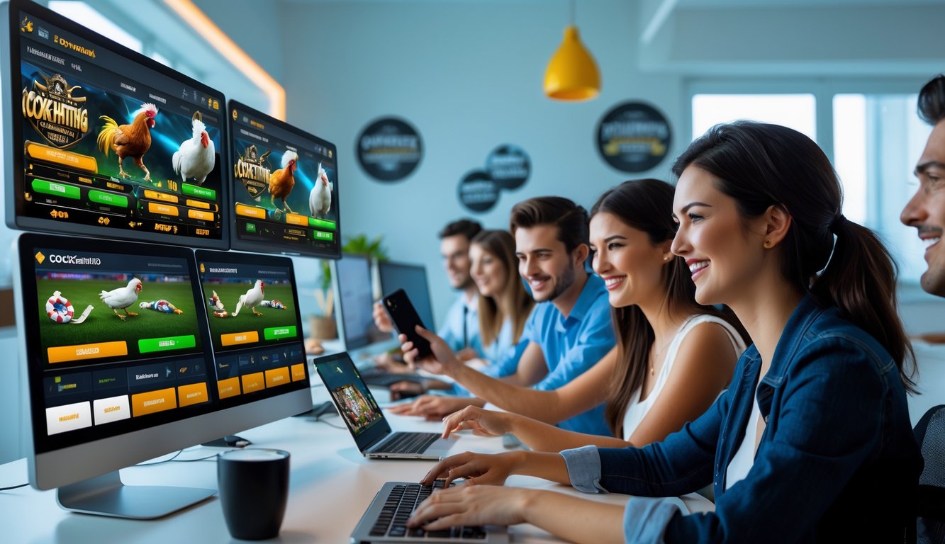 Beberapa orang muda sedang menggunakan komputer dan perangkat digital untuk bermain dan bertaruh pada permainan sabung ayam secara online.