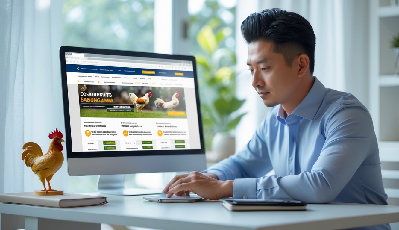Seorang pria Asia Tenggara duduk di meja kerja modern dengan laptop, tampak fokus memilih agen sabung ayam online yang aman dan terpercaya di ruang kerja yang terang dan rapi.