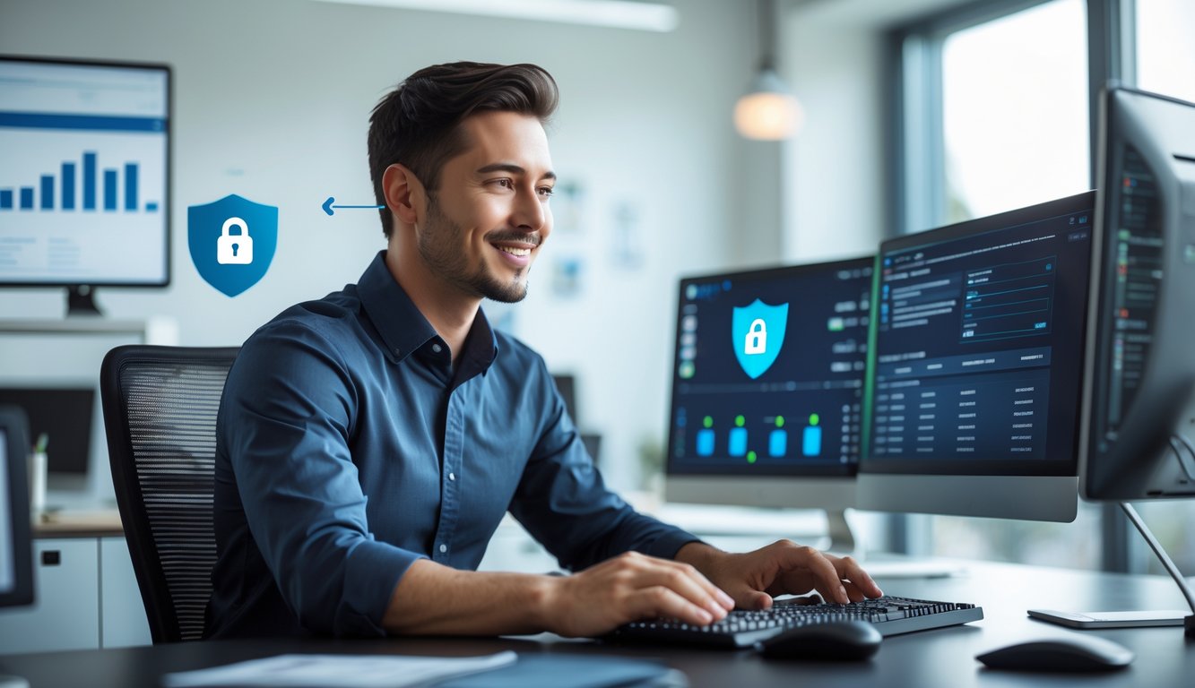 Seorang agen profesional sedang bekerja di kantor modern dengan beberapa monitor komputer yang menampilkan platform online yang aman.