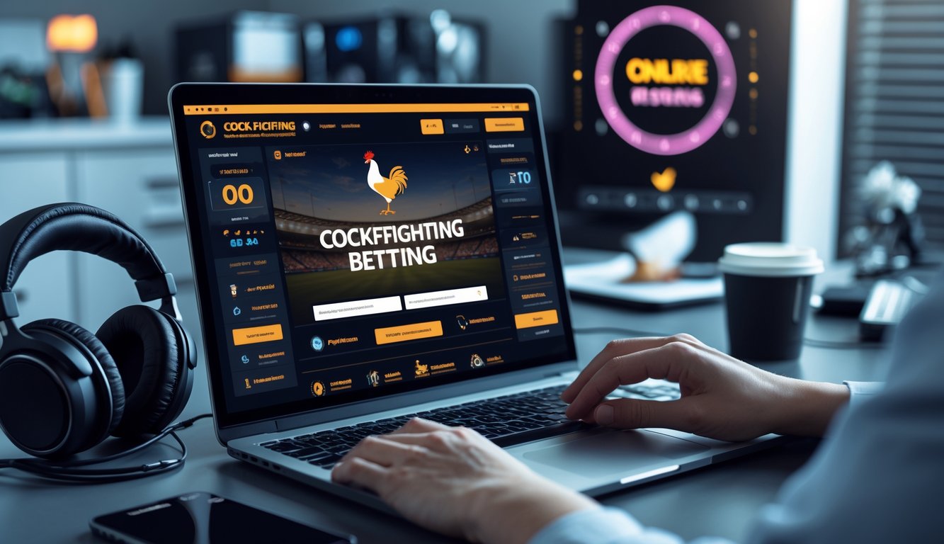 Seseorang menggunakan laptop untuk taruhan sabung ayam online di meja kerja yang rapi dengan jam digital dan perangkat teknologi di sekitarnya.