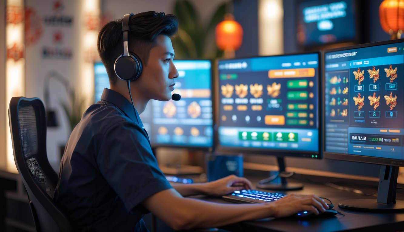 Seorang pria muda dengan headset duduk di depan komputer dengan beberapa layar yang menampilkan permainan sabung ayam online dan informasi taruhan, di ruangan dengan dekorasi budaya Asia Tenggara dan peralatan teknologi.