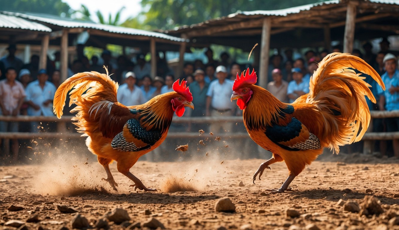 Dua ayam jantan sedang bertarung di arena sabung ayam dengan penonton yang memperhatikan di latar belakang.