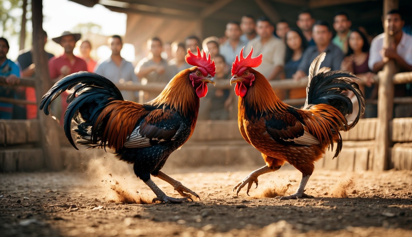 Dua ayam jago sedang bertarung di arena dengan penonton yang menonton dengan antusias.