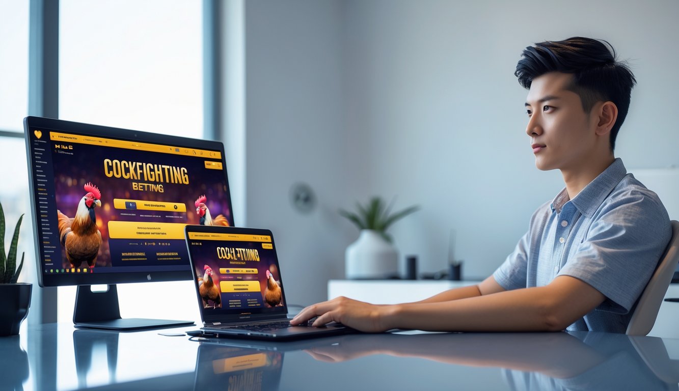 Seorang pria muda menggunakan laptop dan ponsel untuk bermain taruhan sabung ayam secara online di meja kerja yang rapi dan terang.