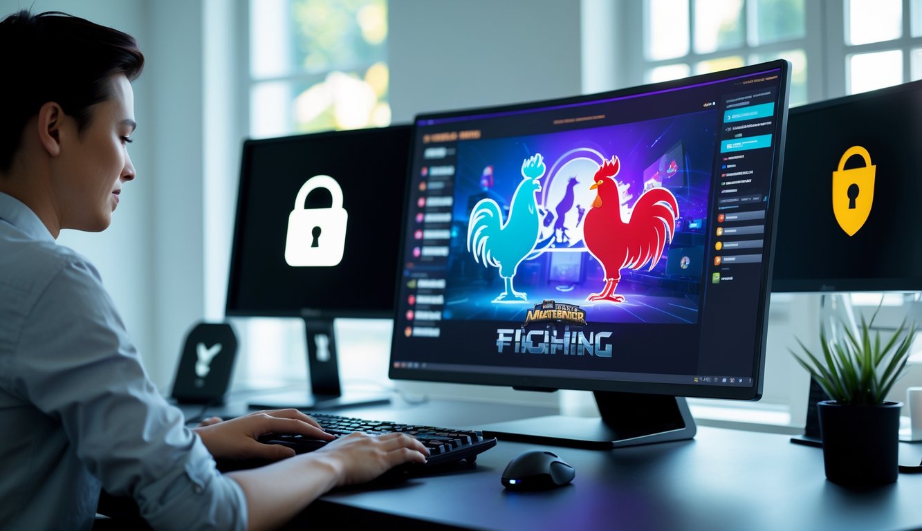 Seseorang menggunakan komputer di meja kerja dengan layar menampilkan antarmuka permainan online bertema sabung ayam, di ruangan yang terang dan rapi.