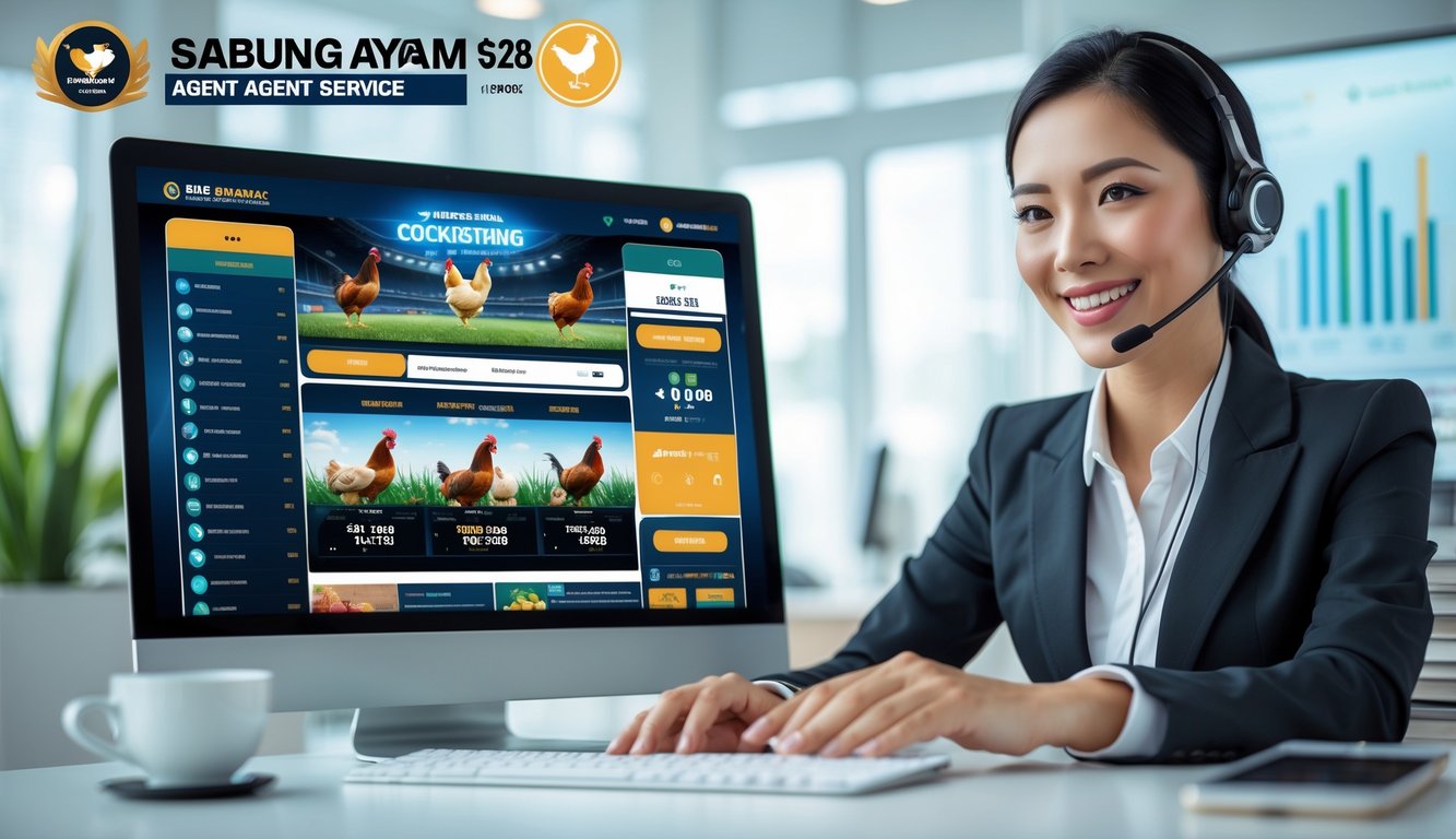 Seorang perwakilan layanan pelanggan profesional menggunakan laptop di kantor modern, menunjukkan suasana kerja yang cepat dan terpercaya untuk agen taruhan online Sabung Ayam.