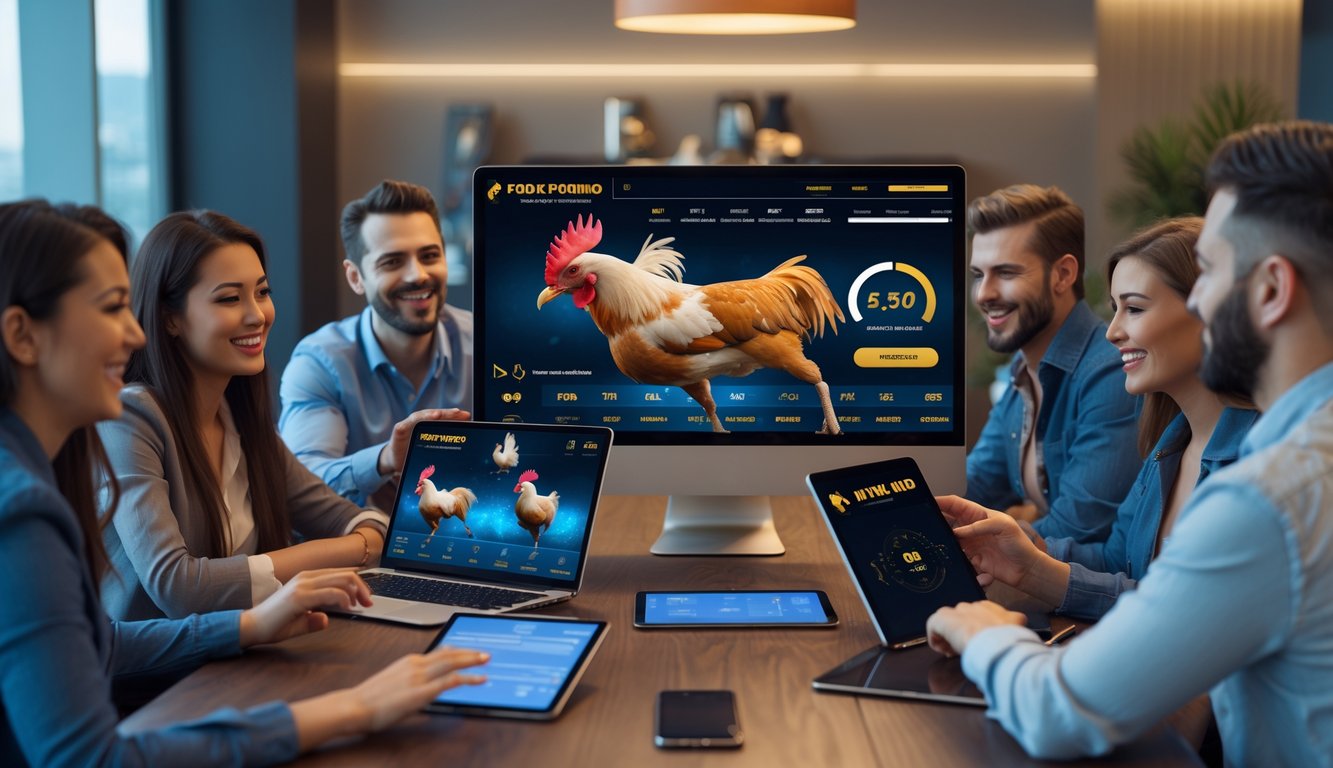 Sekelompok orang dewasa menggunakan perangkat digital untuk bertaruh secara online dalam suasana ruangan modern dan terang.