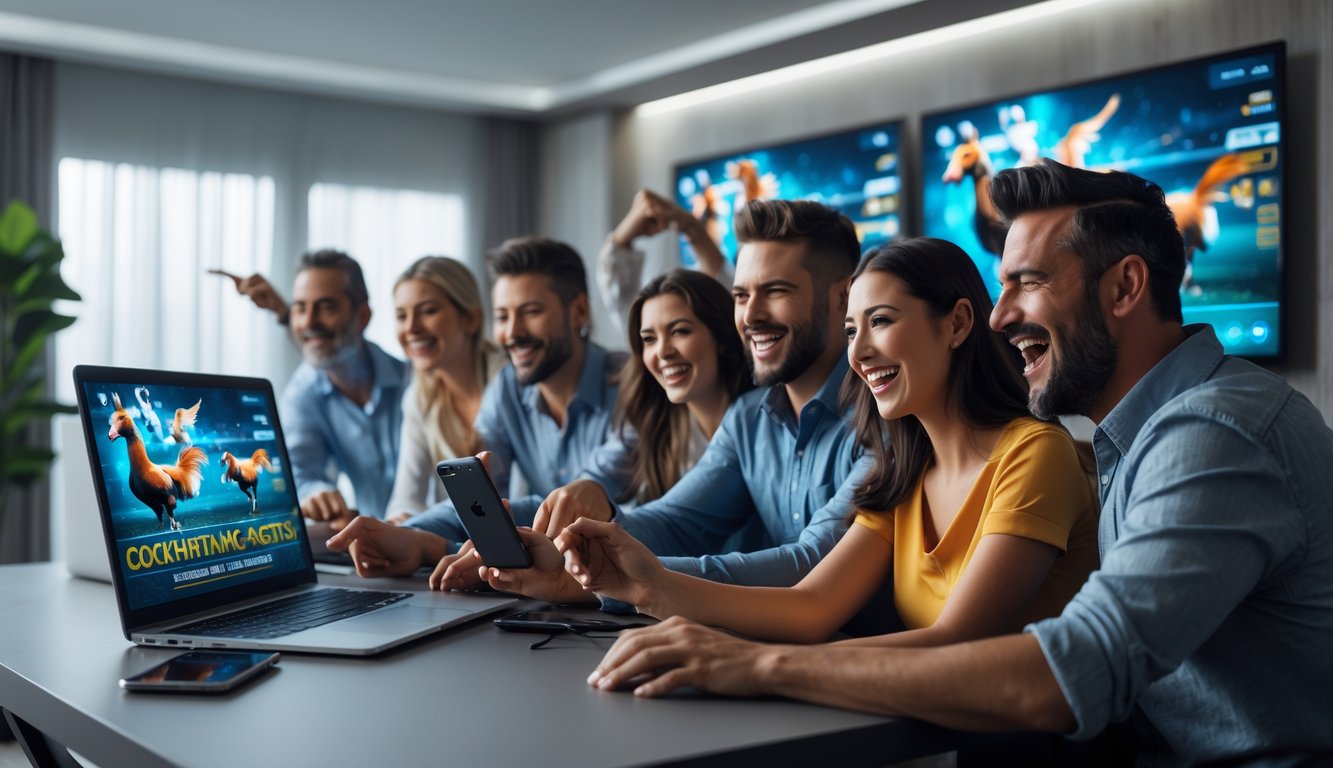 Sekelompok orang dewasa sedang menggunakan laptop dan ponsel untuk taruhan online sabung ayam di ruangan modern.