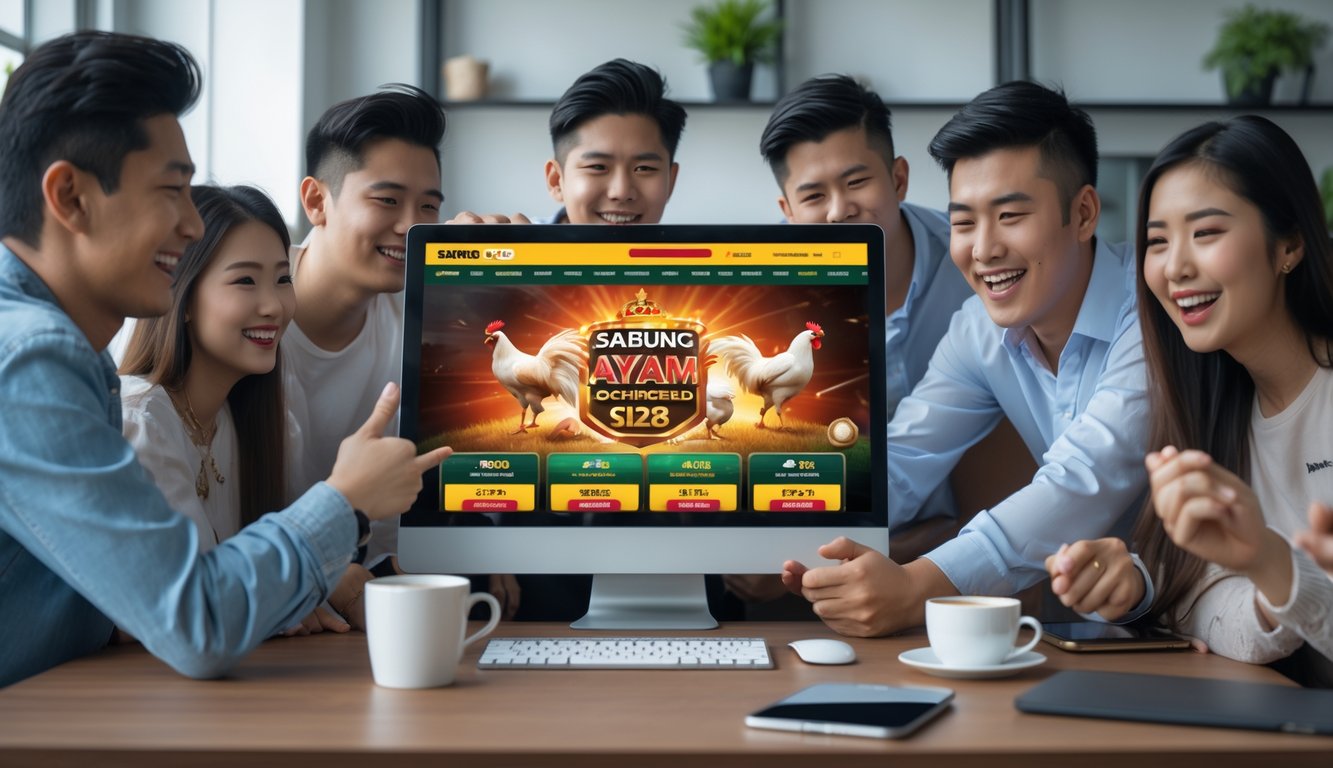 Sekelompok orang muda sedang menggunakan komputer untuk bertaruh pada pertandingan sabung ayam secara online di ruang kerja yang terang dan nyaman.