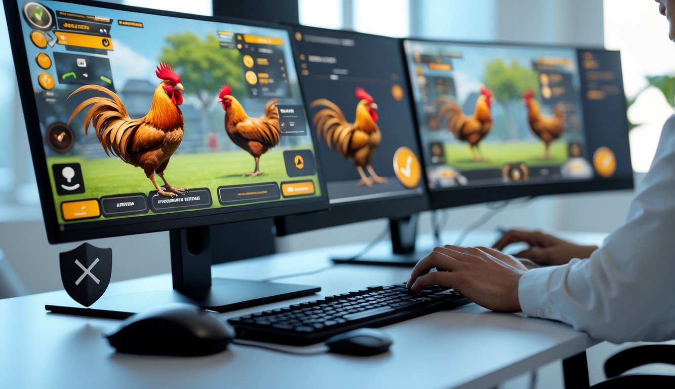 Seseorang sedang bermain game sabung ayam online di komputer dengan tampilan layar yang menampilkan pertandingan ayam jago.