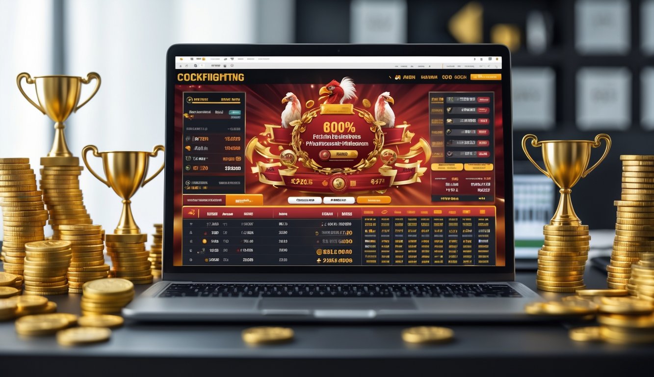 Seorang pengguna di depan laptop dengan tampilan platform taruhan sabung ayam online, dikelilingi oleh tumpukan uang dan piala sebagai simbol keuntungan dan hadiah besar.