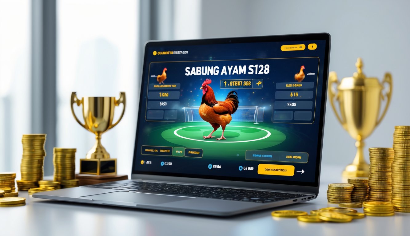 Seorang pria menggunakan laptop dengan tampilan layar taruhan sabung ayam online, dikelilingi tumpukan uang, koin emas, dan piala di meja kerja modern.