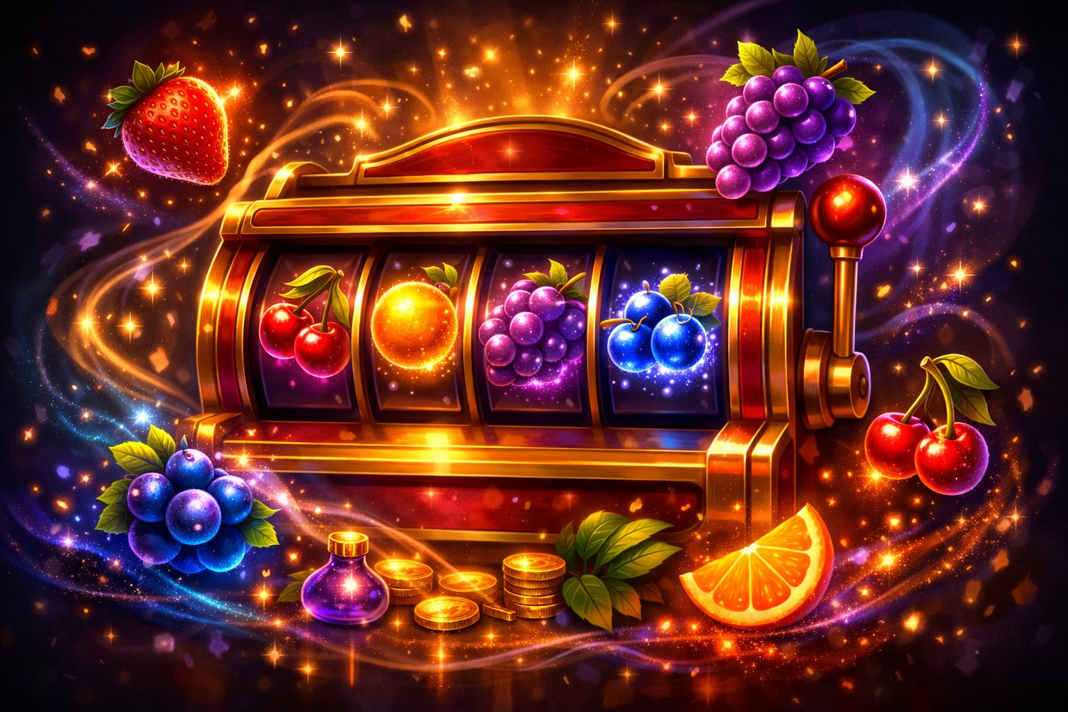 A Slot Machine With Four Reels Showing Glowing Magical Fruits Surrounded By Swirling Magical Energy.