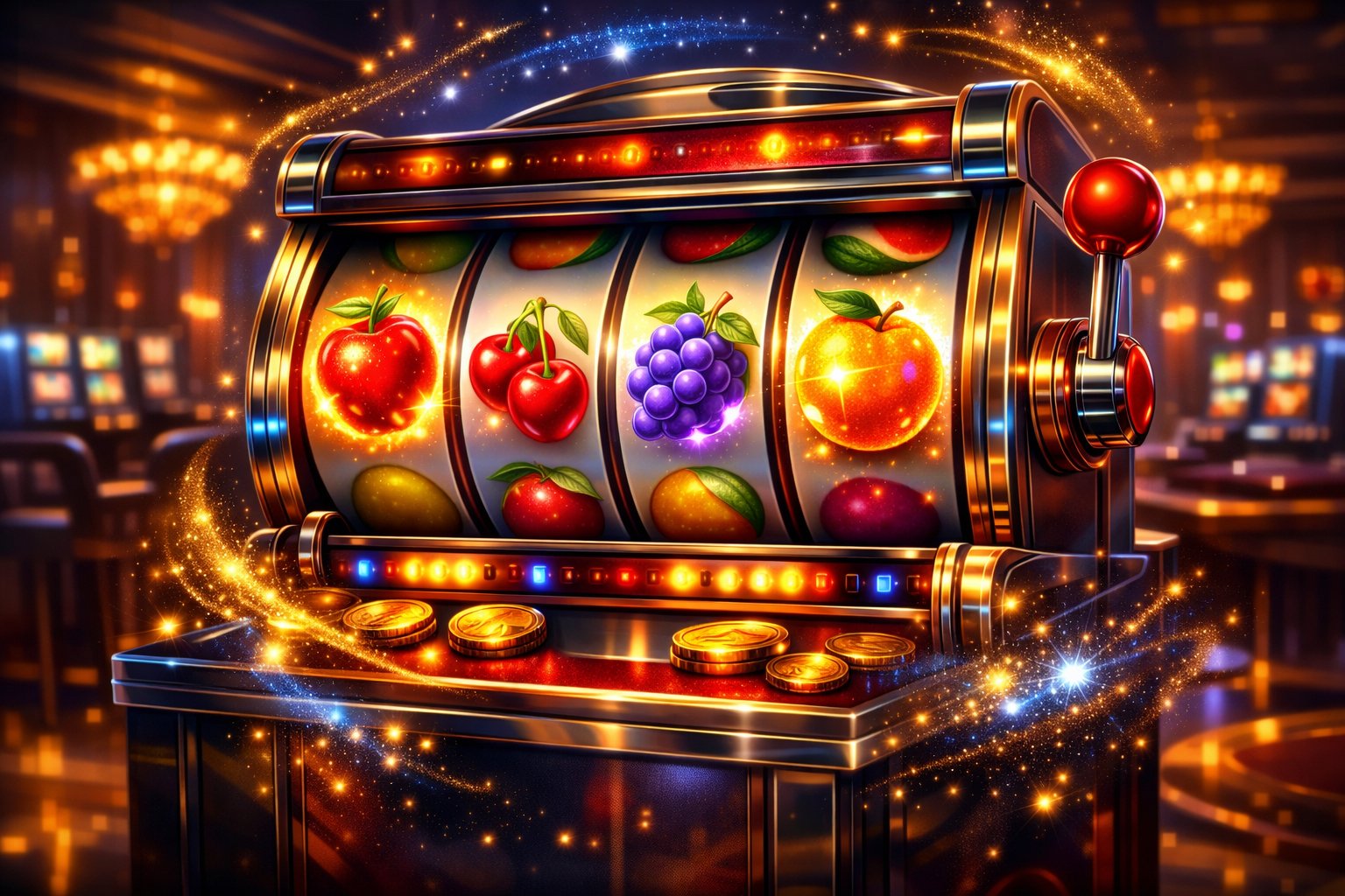 A Slot Machine With Colorful Magical Fruit Symbols Spinning On The Reels In A Casino Setting.