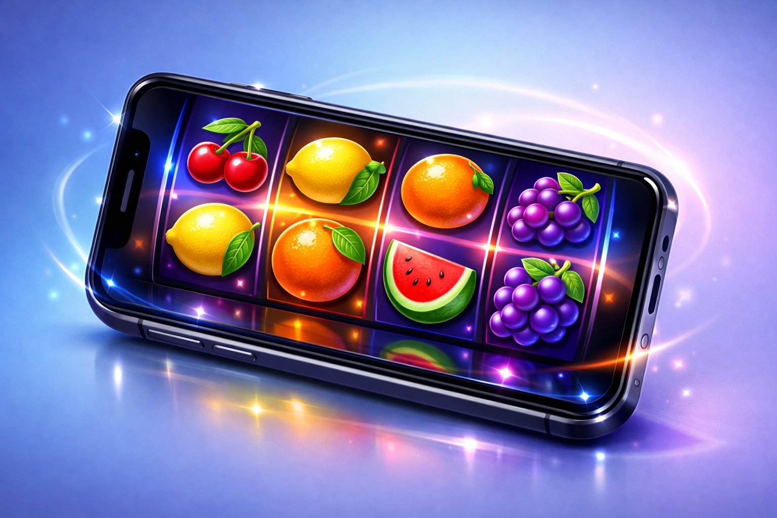 A Modern Smartphone Showing A Colorful FruitThemed Slot Game With Cherries, Lemons, Oranges, Grapes, And Watermelons On The Screen.