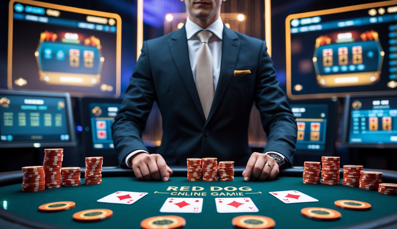 Seorang agen kasino berdiri di belakang meja permainan dengan kartu Red Dog dan chip, di latar belakang terdapat layar digital yang menampilkan antarmuka kasino online.