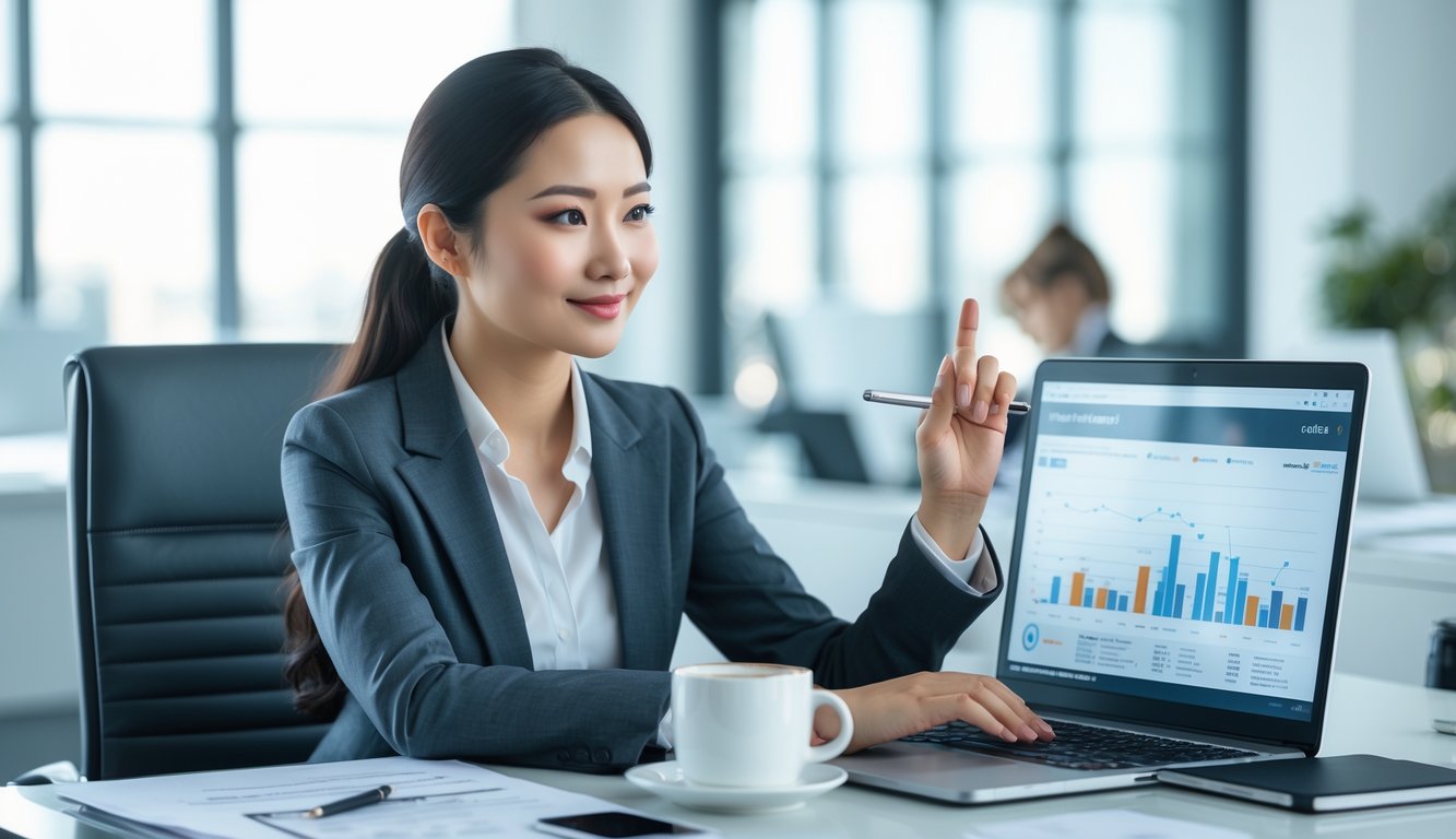 Seorang wanita muda duduk di meja kantor dengan laptop terbuka, sedang menganalisis data dengan latar belakang kantor yang terang dan rapi.