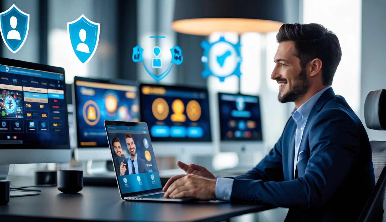 Seorang agen profesional sedang berinteraksi dengan klien melalui panggilan video di kantor modern dengan beberapa layar komputer yang menampilkan antarmuka permainan online yang aman.