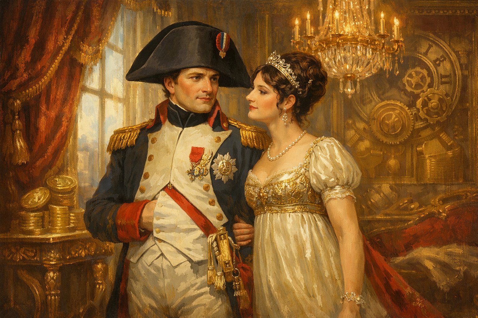 Napoleon And Josephine Standing Together In A Richly Decorated Room, Dressed In Early 19ThCentury Clothing.
