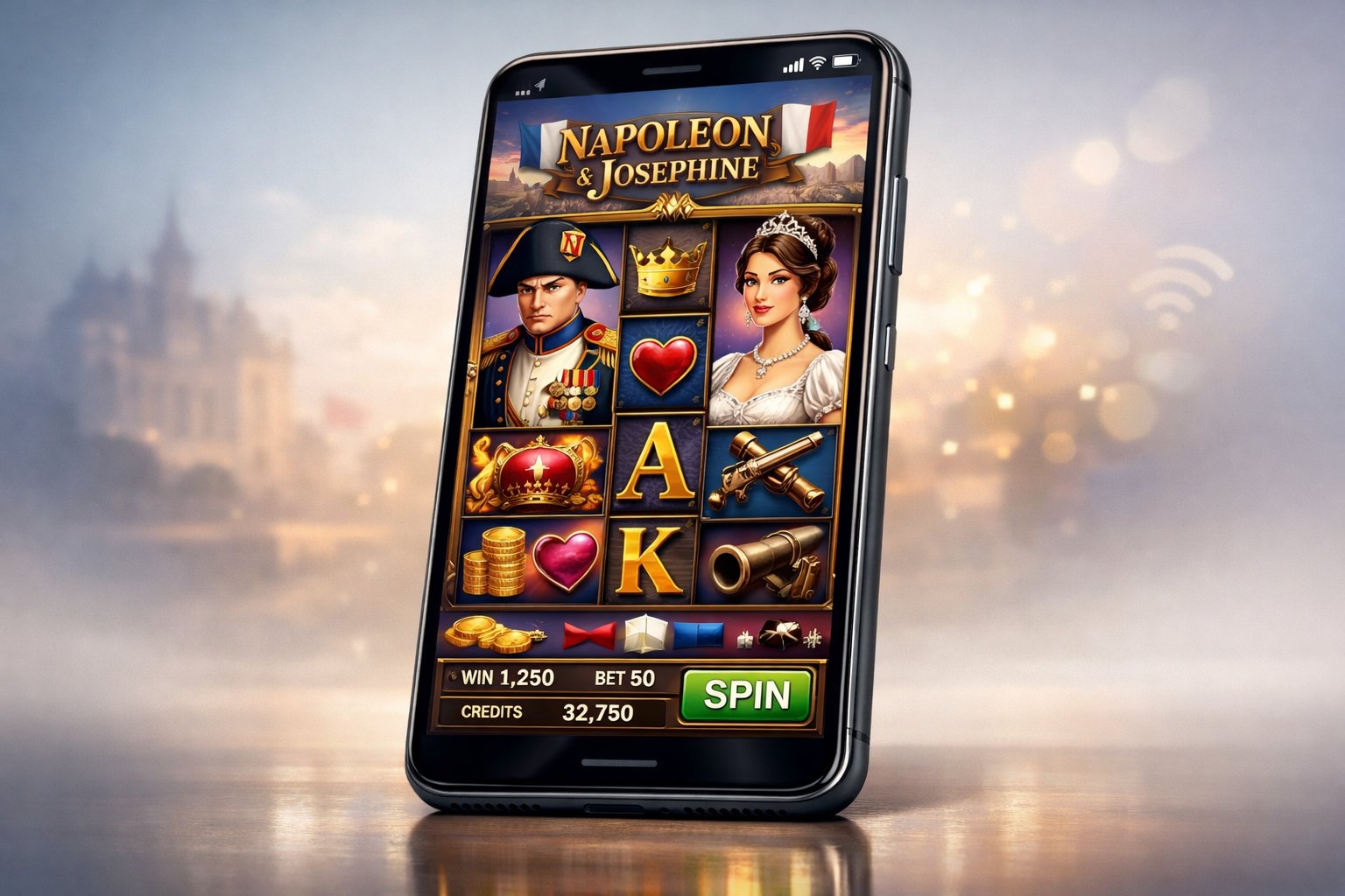A Smartphone Showing A Colorful Slot Game Featuring Napoleon And Josephine Symbols On The Screen.