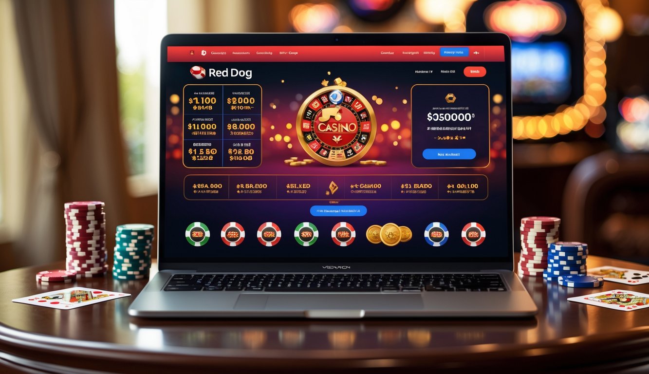 Seorang pengguna sedang bermain kasino online dengan laptop, dikelilingi oleh chip poker dan kartu remi di atas meja kayu.